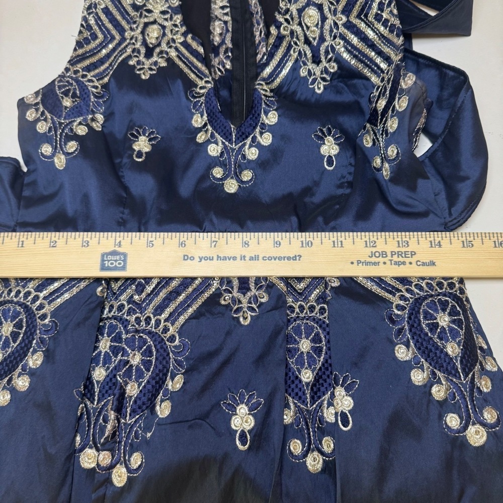 Custom Silk Navy Blue Embroidered High Low Midi Dress with Sequin Accents V-Neck - Picture 9 of 11